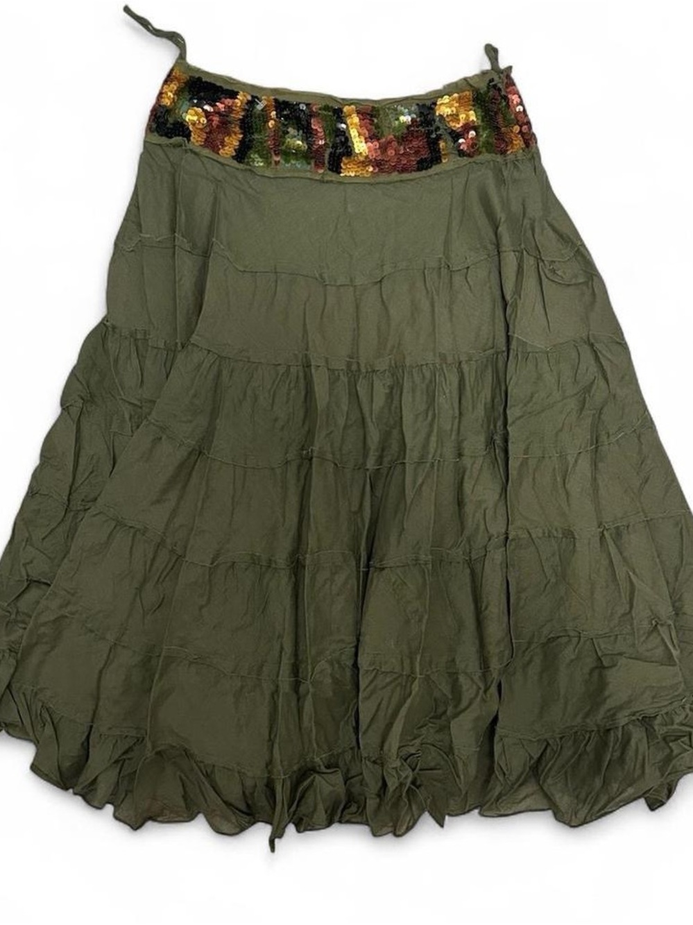 Olive Green Tiered Maxi Skirt with Sequined Waistband